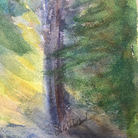 Original Watercolor Painting Serene Forest Signed By The Artist Green Yellow - Picture 5 of 7
